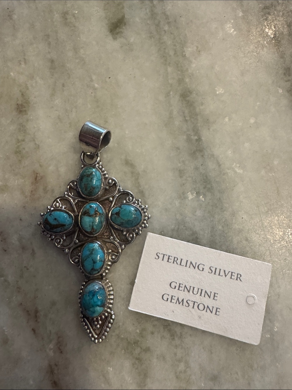 Sterling Silver Turquoise Cross Pendant Necklace - Blue Gemstones